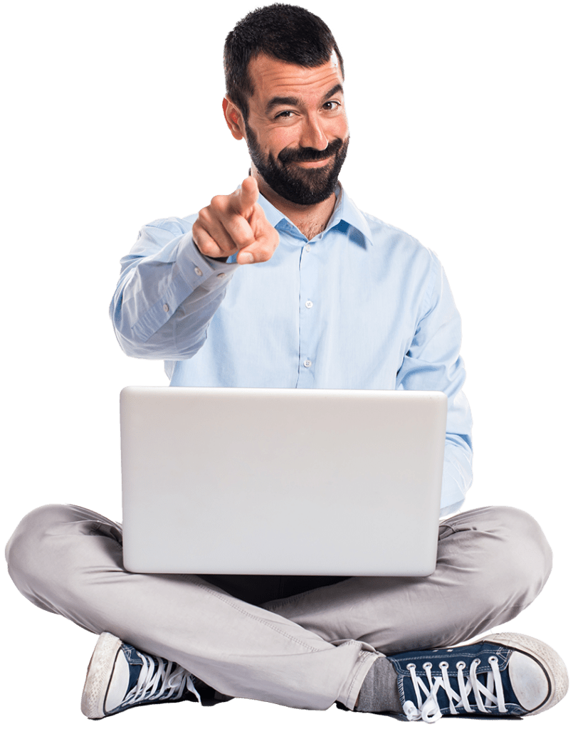 man-with-laptop-pointing-front